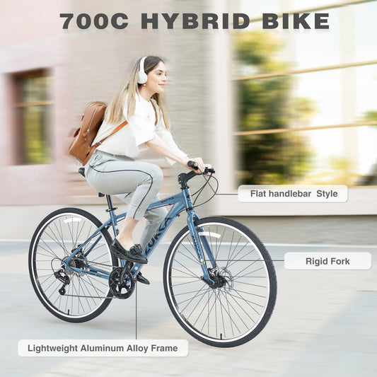Shimano 7 Speed Hybrid Bike Aluminum Alloy Frame Double Disc Brakes 700C Road Bike For men women's City Bicycle