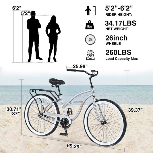 Single Speed Bicycles 26'Inch,Steel Frame, Wide Wheels for Stability, Rear Coaster Brakes,Multiple Colors Men's Beach Cruiser Bike