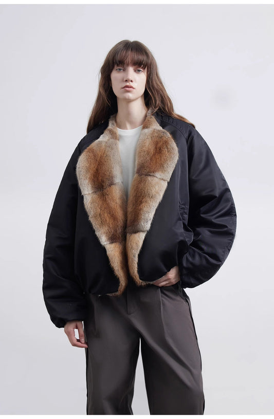 Hull Contract Colorblocked Fur Round Neck Short Parka Jacket