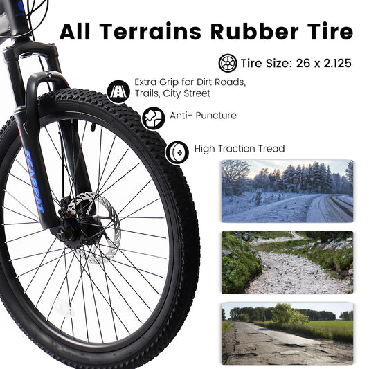 A2660 26 Inch Mountain Bike, 21-Speed Disc Brakes, Durable Frame, Front, Rear Dual-Shock Absorption, Unisex for Commuting, Travel, School, Mountain and City Road Cycling