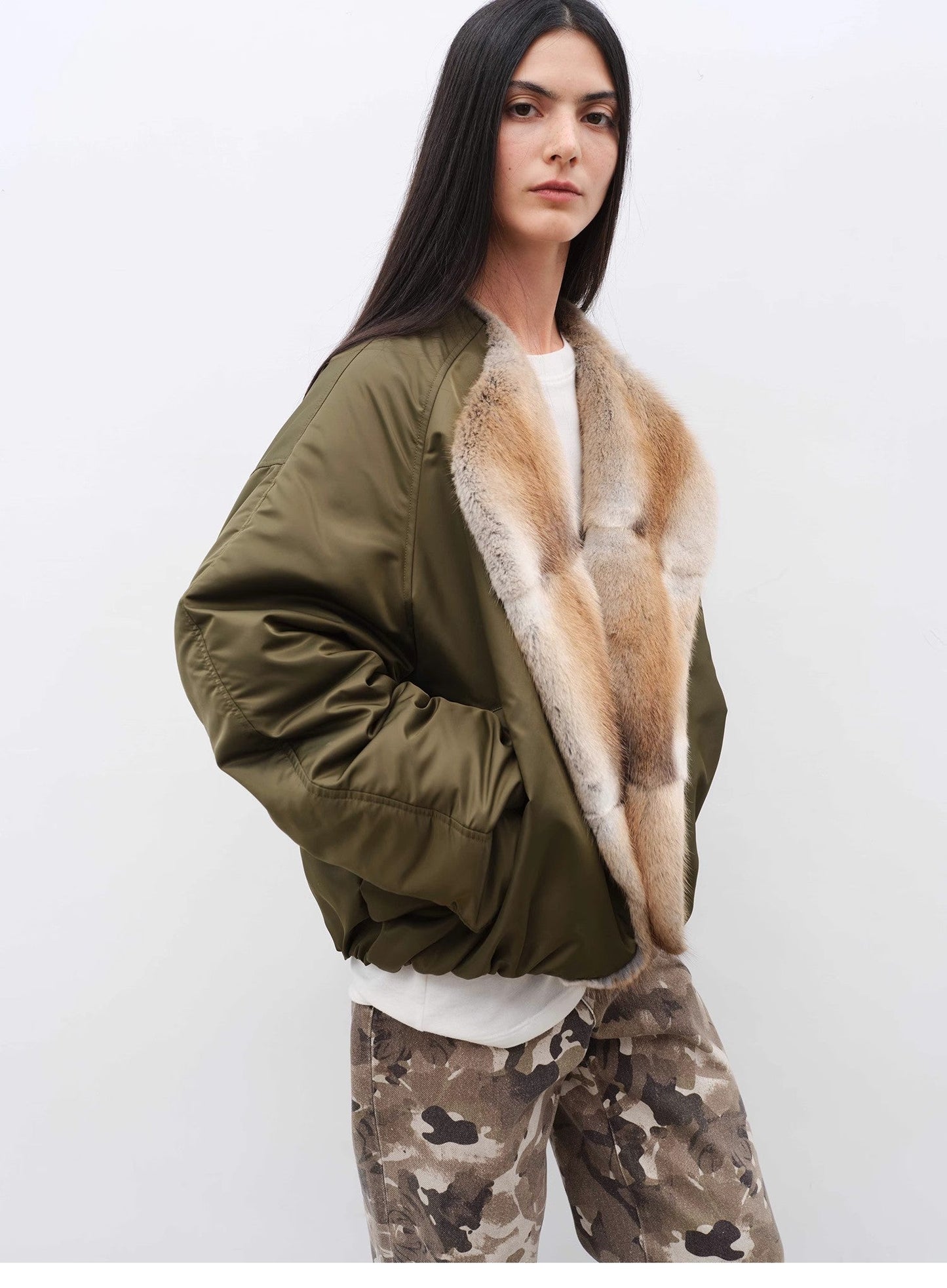 Hull Contract Colorblocked Fur Round Neck Short Parka Jacket
