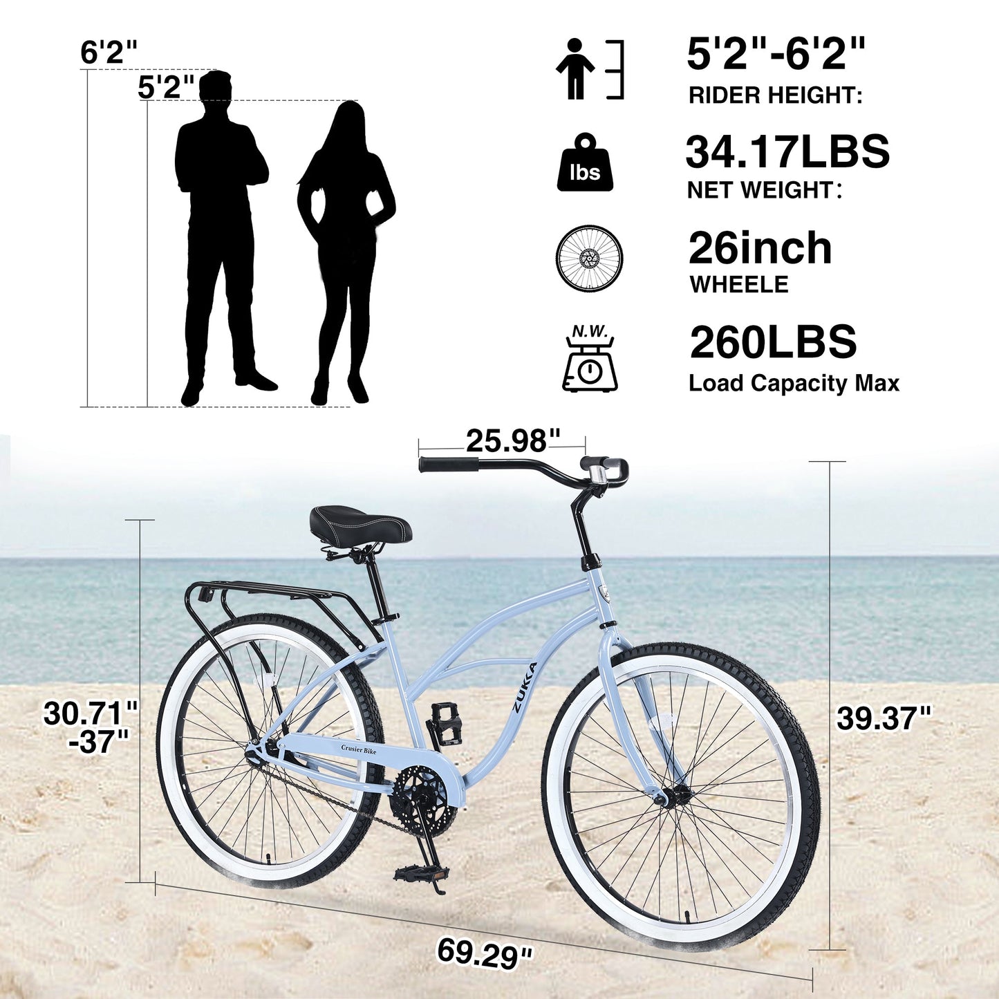 Single Speed Bicycles 26'Inch,Steel Frame, Wide Wheels for Stability, Rear Coaster Brakes,Multiple ColorsWomen's Beach Cruiser Bike