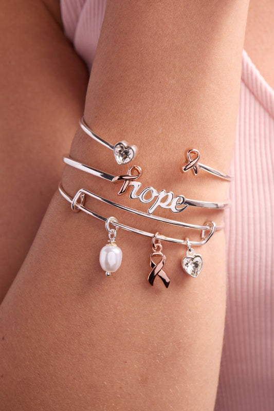 Breast Cancer Awareness Pink Ribbon Trio Charm Bangle