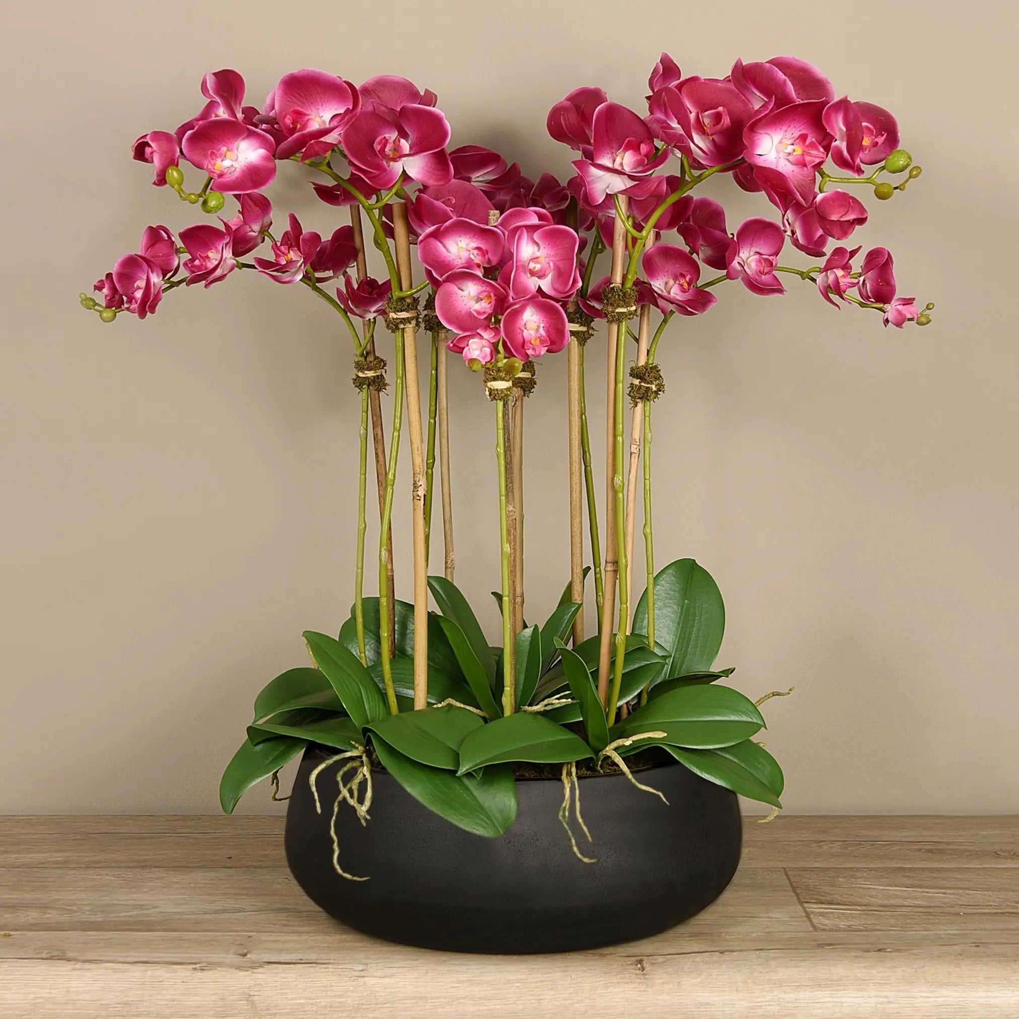 Artificial Floral Arrangement Centerpiece With Pink Orchids in Black Planter