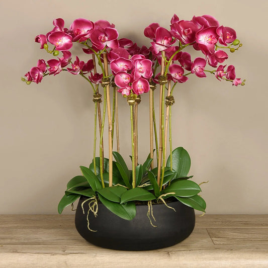 Artificial Floral Arrangement Centerpiece With Pink Orchids in Black Planter