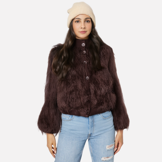 Brown Stand-Up Collar Jacket for Women, Gramercy, BYMANYC New York.