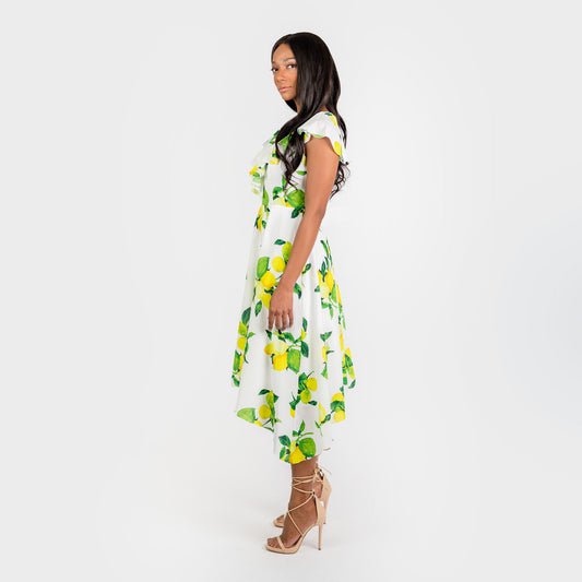 CN7177 Ruffled Nkline Sharkbite Hem Dress