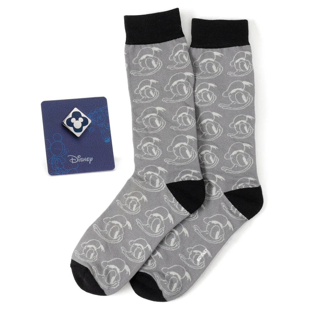 Disney Donald Duck Patterned Gray Socks and Mickey Mouse Blue Lapel Pin Gift Set