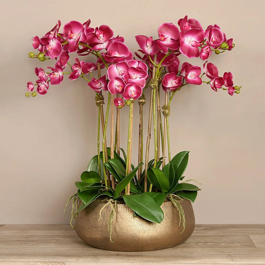 Faux Floral Arrangement - Pink Orchid Centerpiece in Gold Pot - 28"