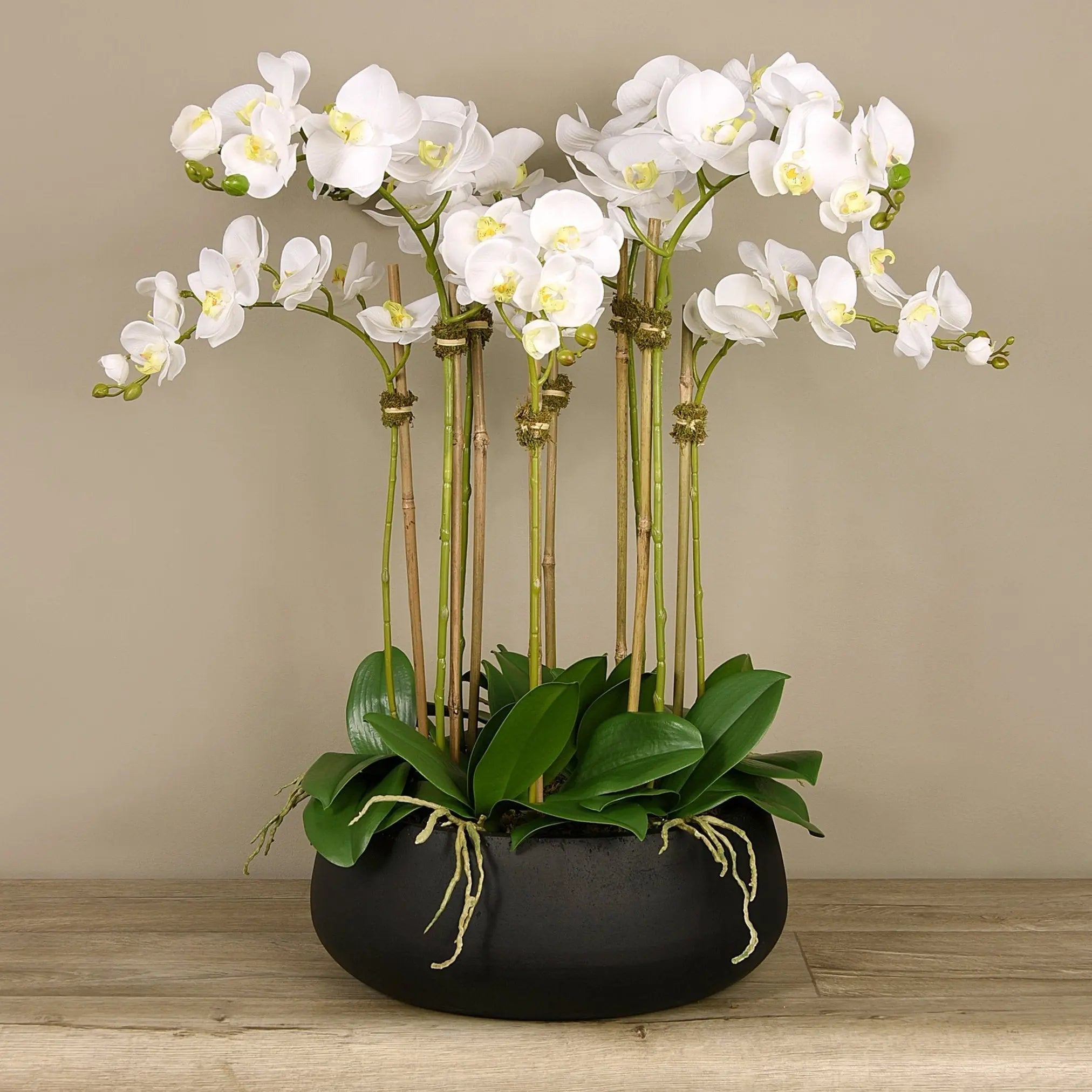 Faux White Orchid Arrangement in Matte Black Planter
