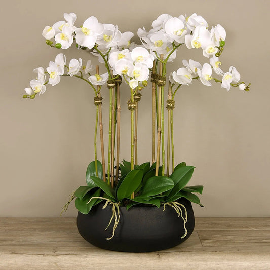 Faux White Orchid Arrangement in Matte Black Planter