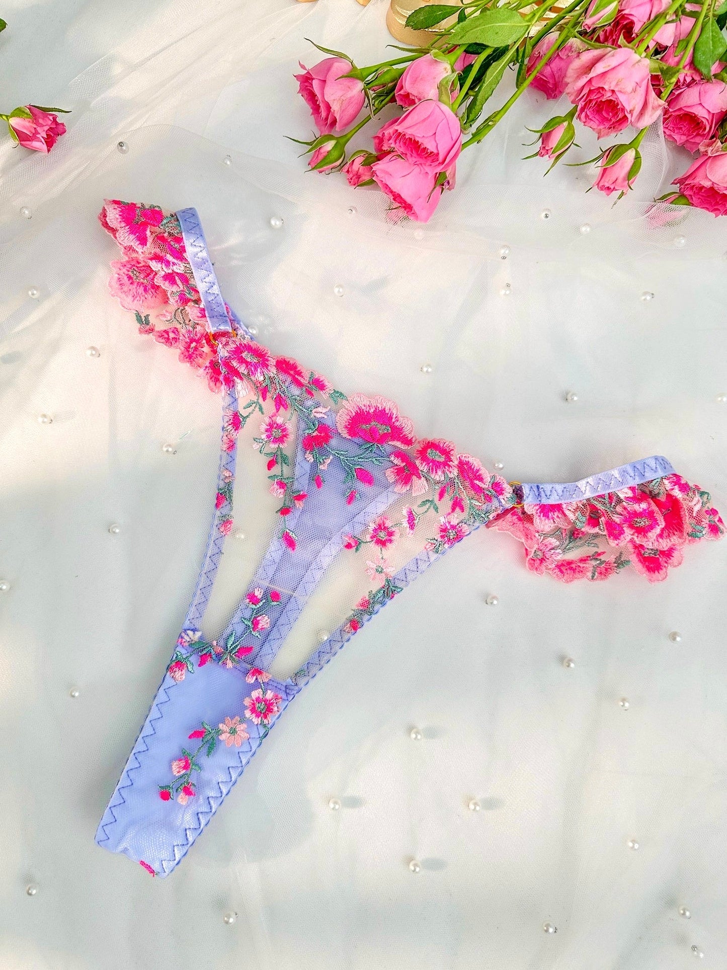 Fantasy Pink Bloom Embroidery Lingerie Set