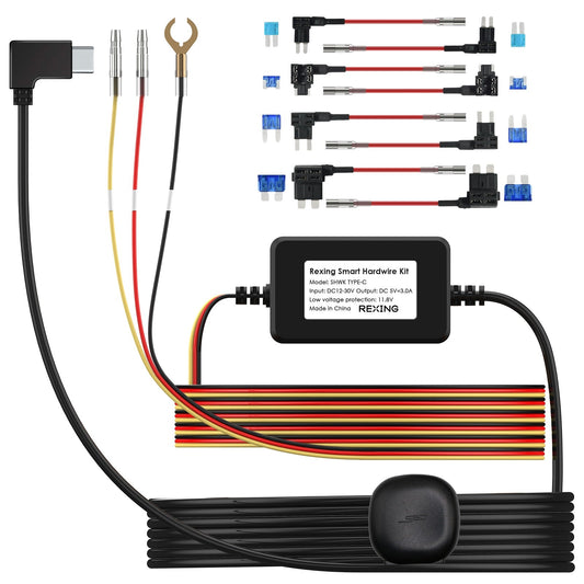 Rexing Dash Cam Smart Hardwire Kit with GPS Logger, Type-C Hard Wire Kit Fuse Only for R4 Dashcam, L4 Series and RH2 Series, Rexing 12V-30V to 5V/2A Type-C Port Charger Power Cord, Gift 8 Fuse Tap Cable and Installation Tool (11.5ft)