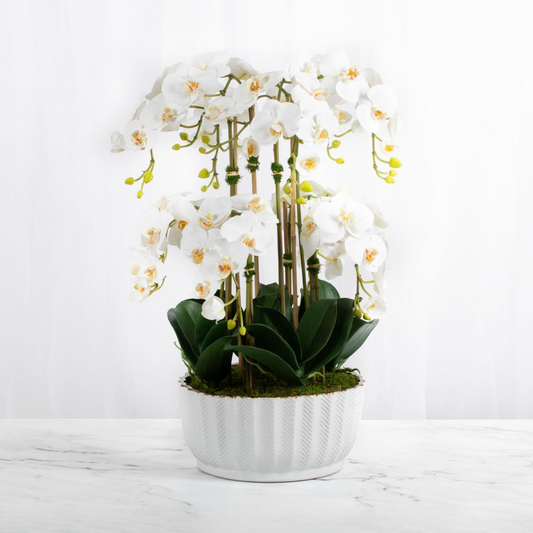 Faux Orchid Centerpiece - Silk Orchid Arrangement in White Vase