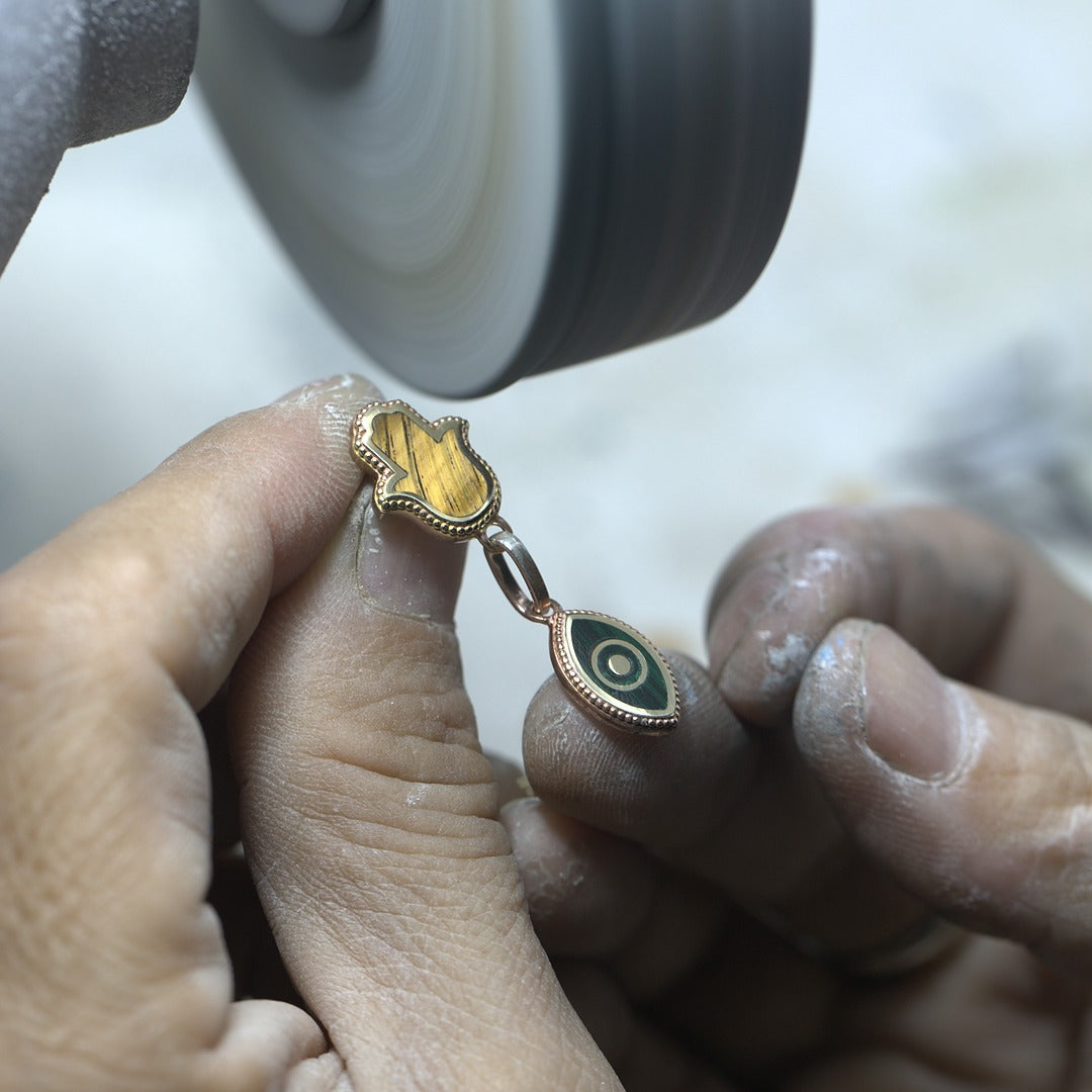 Dreams Secured Tiger’s Eye & Malachite Hamsa & Evil Eye Earrings