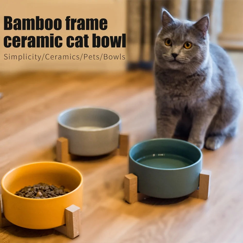 Ceramic Raised Cat Bowl w/ Wood Stand