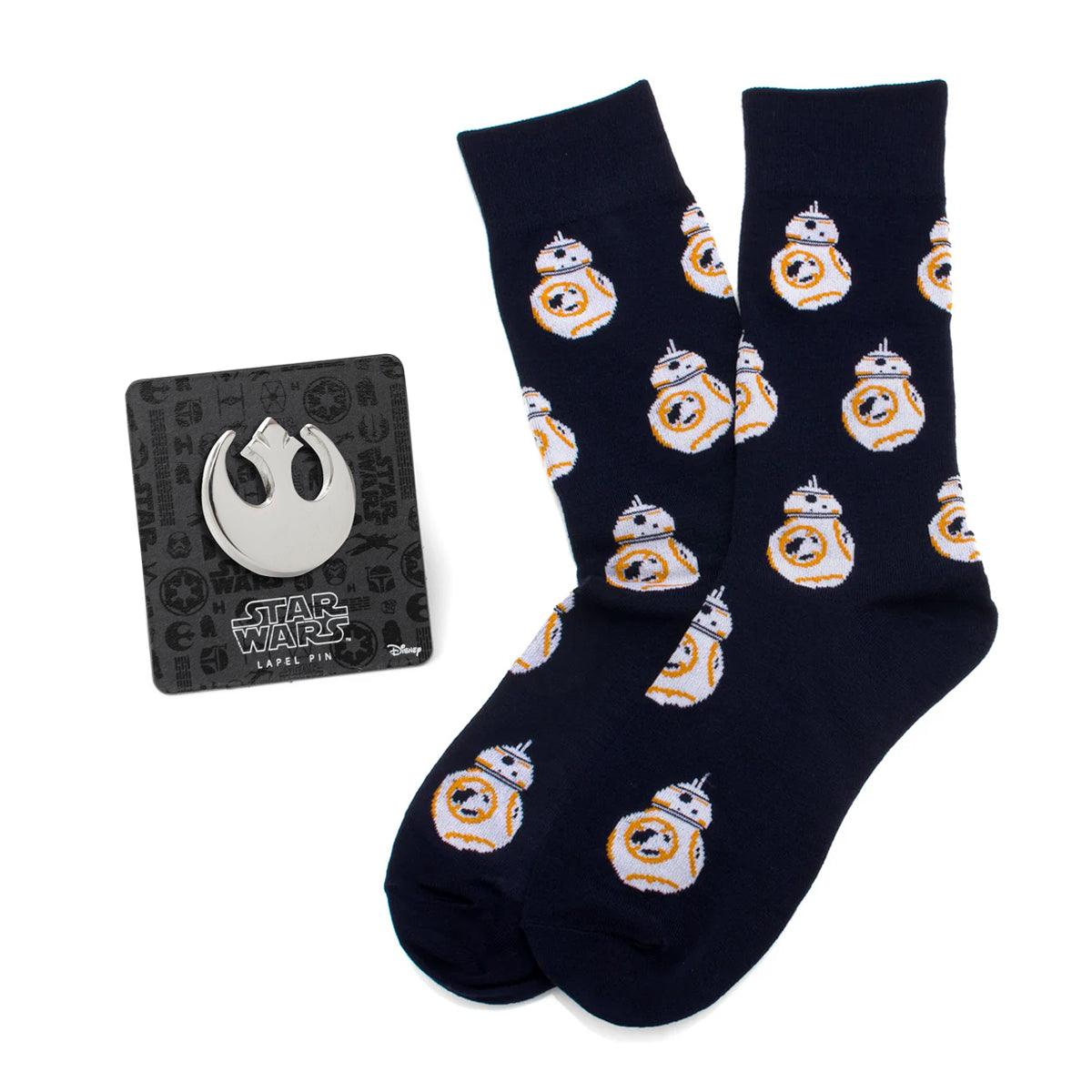 Star Wars BB-8 Navy Dress Socks and Rebel Alliance Starbird Crest Lapel Pin Gift Set