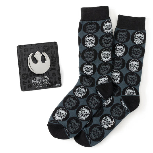 Star Wars Chewbacca Black Dress Socks and Rebel Alliance Starbird Crest Lapel Pin Gift Set