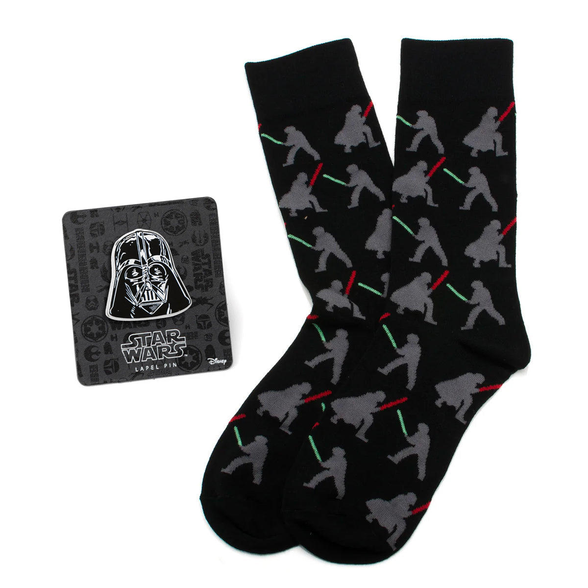 Star Wars Darth Vader and Luke Skywalker LIGHTSABER Battle Black Dress Socks and Darth Vader Lapel Pin Gift Set