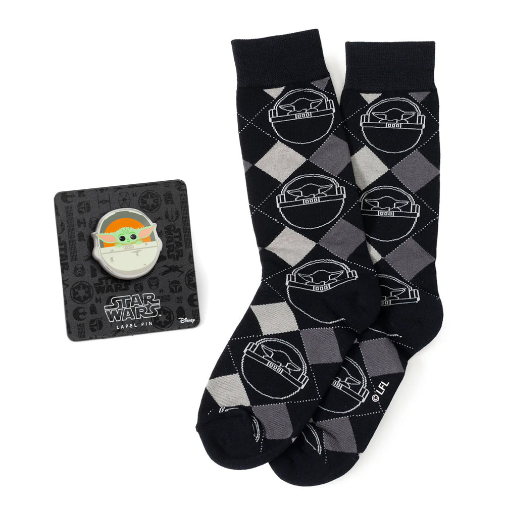 Star Wars Grogu Charcoal Gray Argyle Socks and Lapel Pin Gift Set