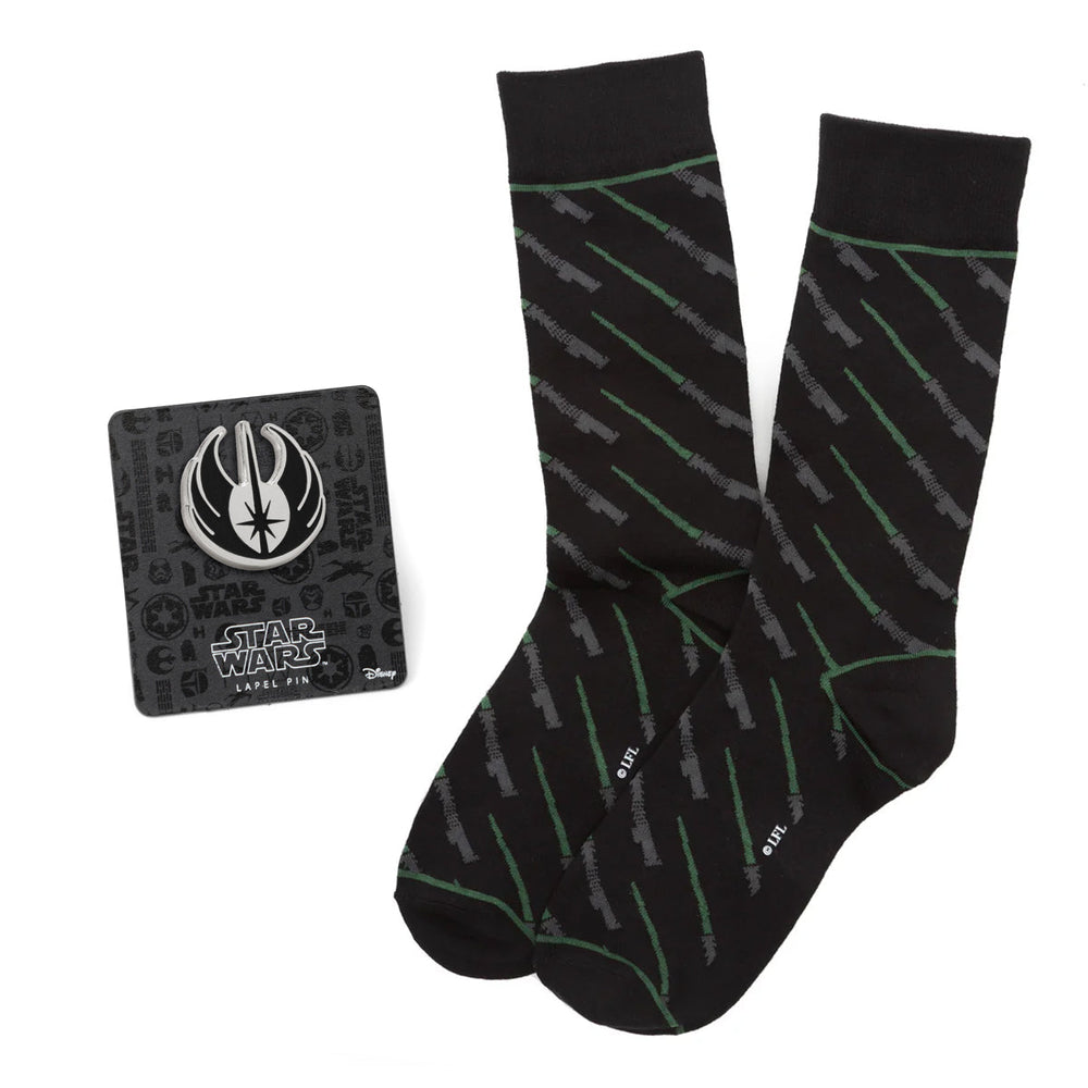 Star Wars Green LIGHTSABER Dress Socks with Jedi Crest Lapel Pin Gift Set