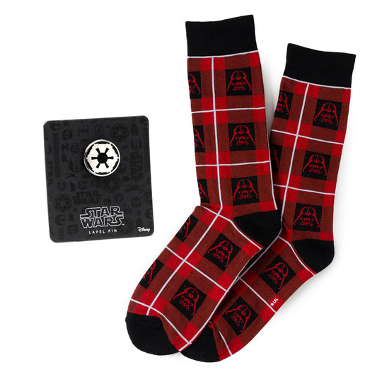 Star Wars Darth Vader Black and Red Plaid Dress Socks and Imperial Crest Lapel Pin Gift Set