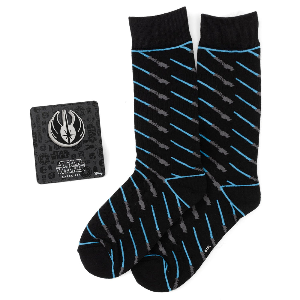 Star Wars Obi-Wan Kenobi Blue LIGHTSABER Pattern Black Dress Socks with Jedi Crest Lapel Pin Gift Set