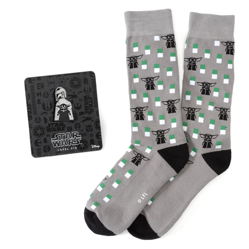 Star Wars Mandalorian and Grogu Gray Dress Socks and Lapel Pin Gift Set