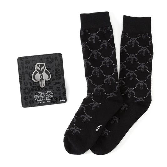 Star Wars Mandalorian Charcoal Gray Dress Socks and Mythosaur Lapel Pin Gift Set