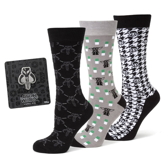 Star Wars Mandalorian Dress Socks 3-Pack and Mythosaur Lapel Pin Gift Set