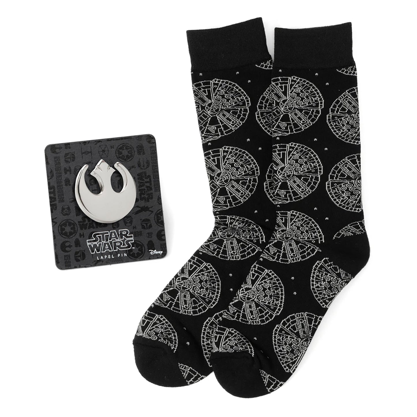 Star Wars Millennium Falcon Black Dress Socks and Lapel Pin Gift Set