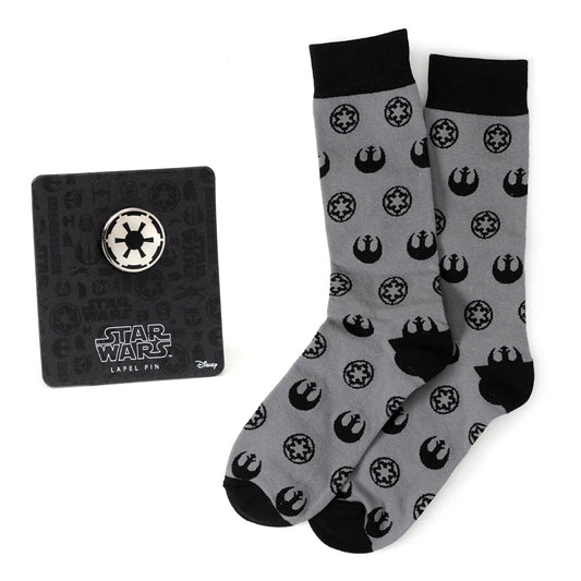 Star Wars Rebel Alliance Starbird Crest and Imperial Crest Gray Dress Socks and Lapel Pin Gift Set
