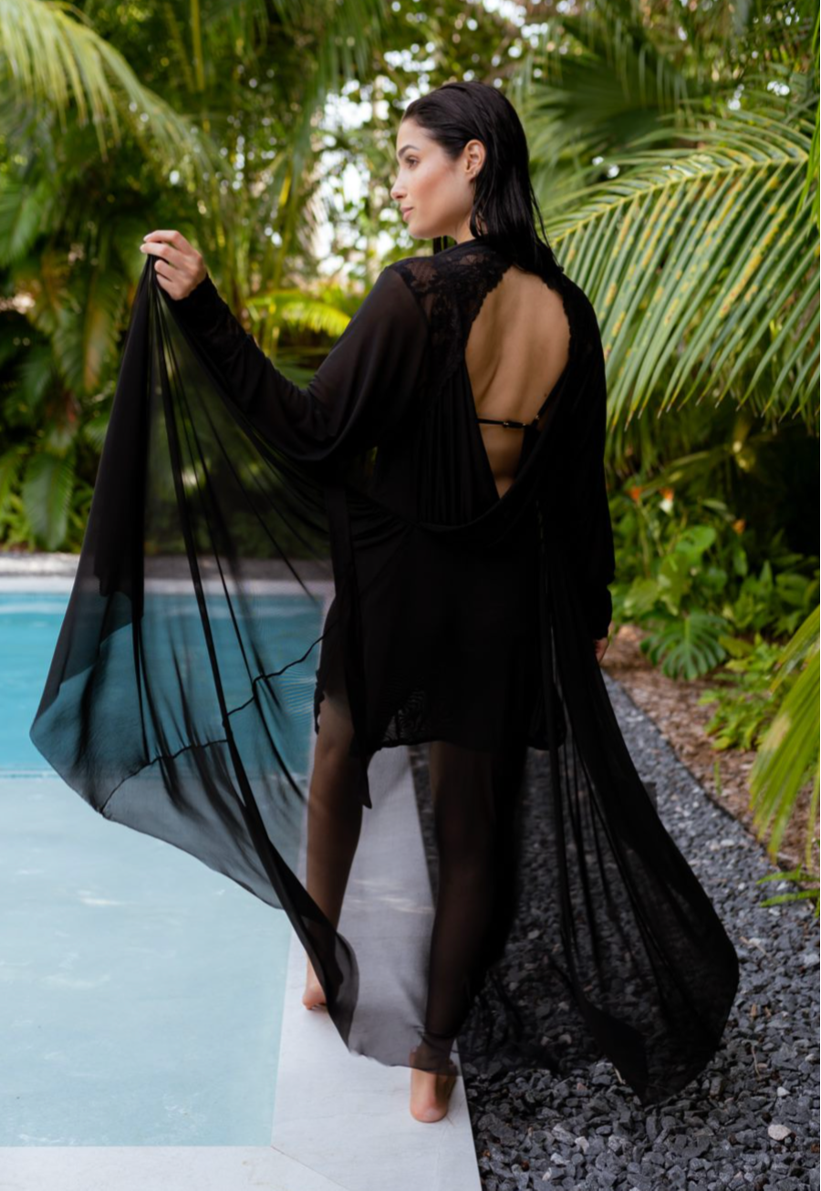 Sheer Terminator Lace, Tulle and Satin Long Draped Back Robe