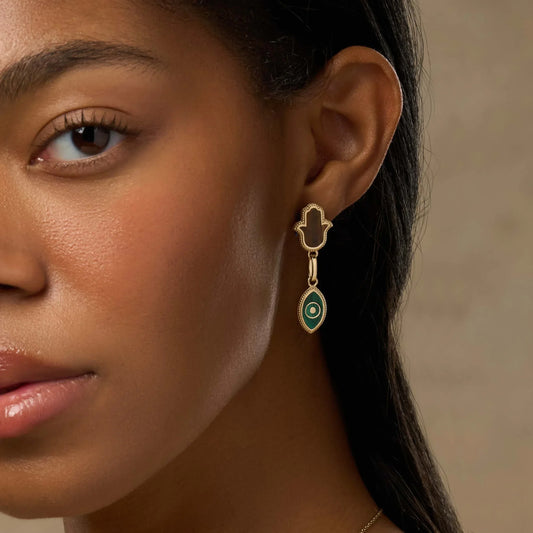 Dreams Secured Tiger’s Eye & Malachite Hamsa & Evil Eye Earrings