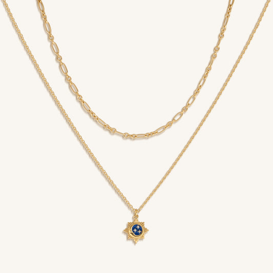 Reflected Bliss Gold Moon & Stars Double Chain Gold Necklace