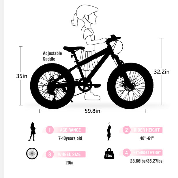 V20235 20 Inch Fat Tire Bike Adult 7 Speed Mountain Bike, Dual Disc Brakes, High Carbon Steel Frame, Front Suspension, Mountain Buggy, City Commuter City Bike, Fat Tire Bike
