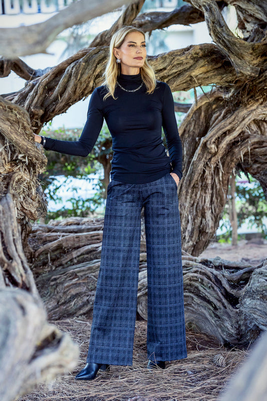 HIGH WAIST WIDE LEG PANT: CHARCOAL PLAID