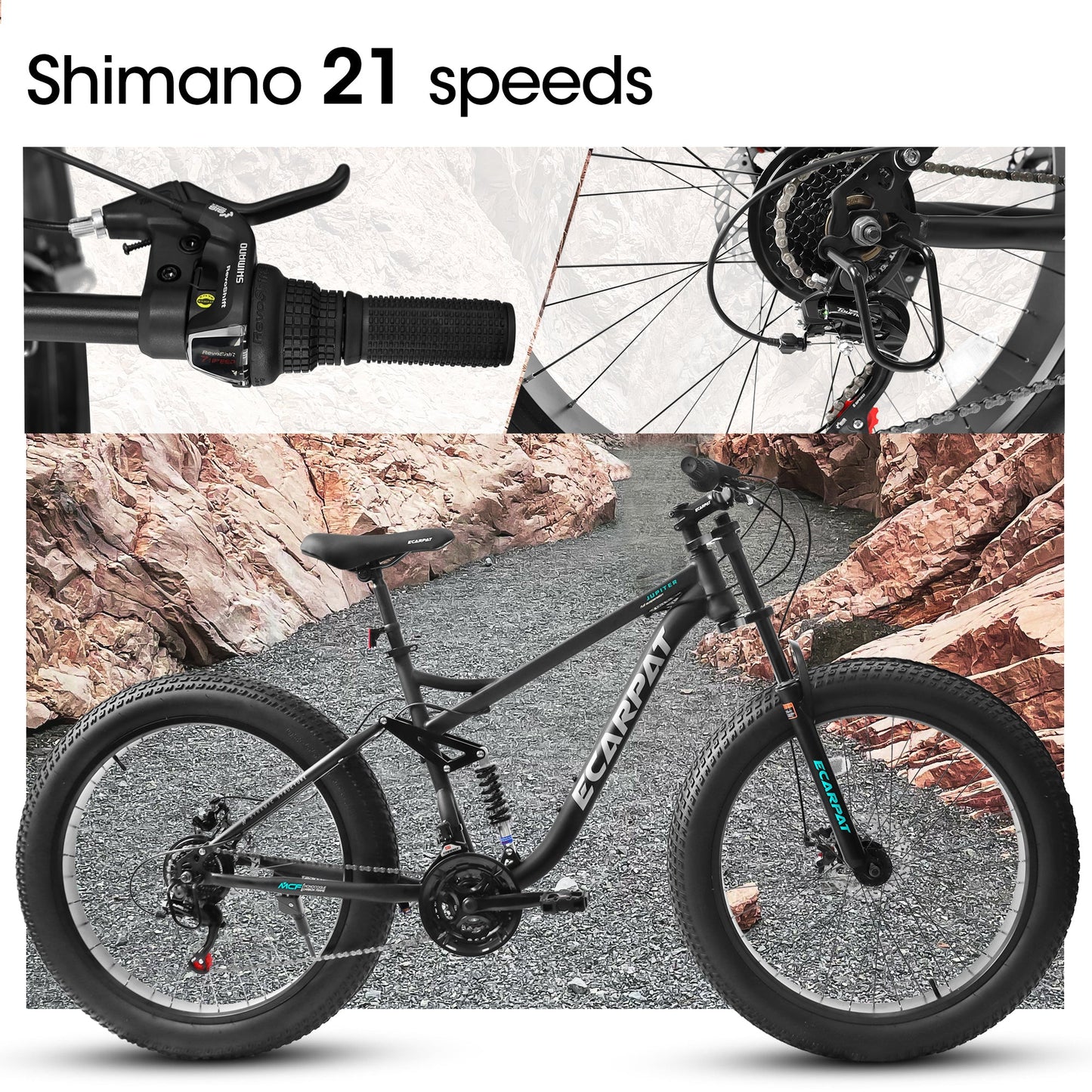 A26309 26 inch Mountain Bike,Full-Suspension 21 Speeds Drivetrain with Disc-Brake MTB Bicycle, 26*4' Fat tire Bike for Men