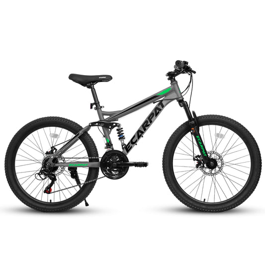 A2460 24 Inch Mountain Bike with Full Suspension, 21 Speed Shifter Lever with Gear Indicator, High Carbon Steel Frame, Mechanical Disc Brakes, Unisex for Men/Women/ Adults, Ideal for Trails.