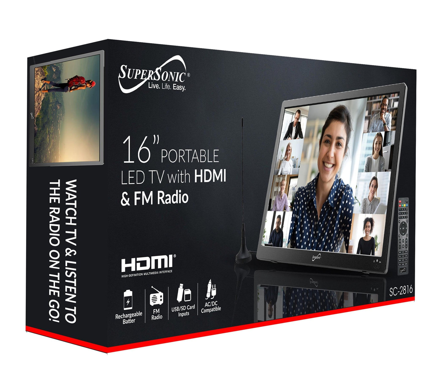 Supersonic Portable 16" 12 Volt Digital LED TV with USB, SD, and HDMI Input, Built-in Rechargeable Lithium Ion Battery and FM Radio (SC-2816)