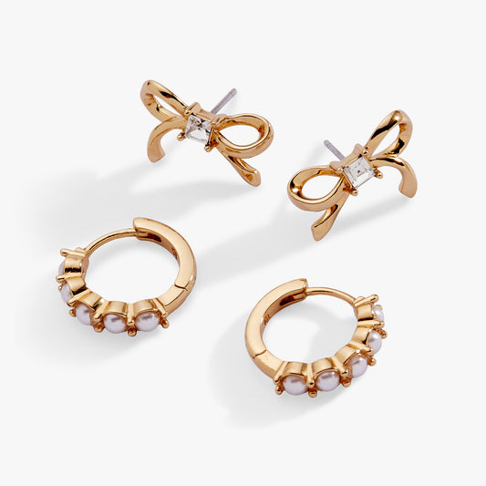 Bow Studs and Pearl Hoop Coquette Earring Set of 2