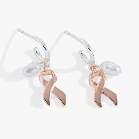 Breast Cancer Awareness Pink Ribbon Huggie Hoop Earrings