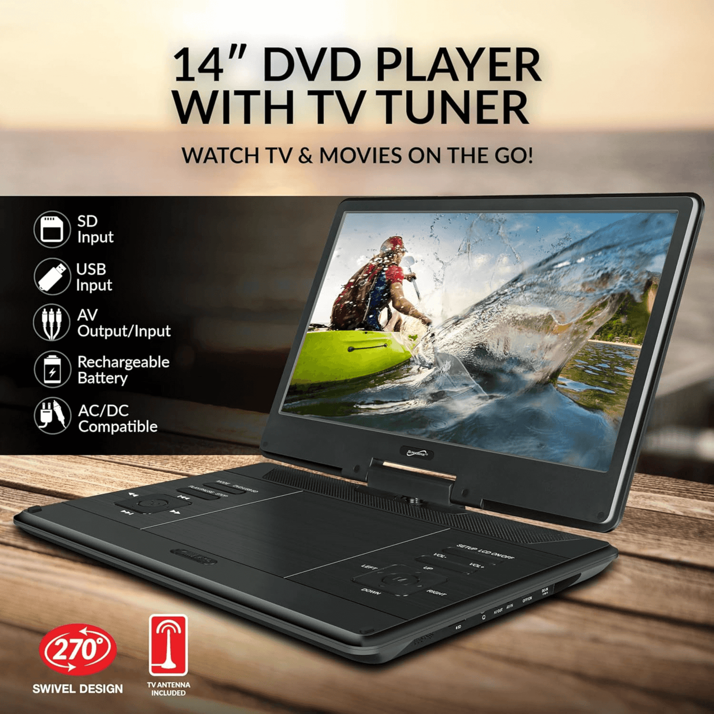 Supersonic 14-Inch Portable LED DVD Player with Built-in Hybrid TV Tuners ACDC Compatible