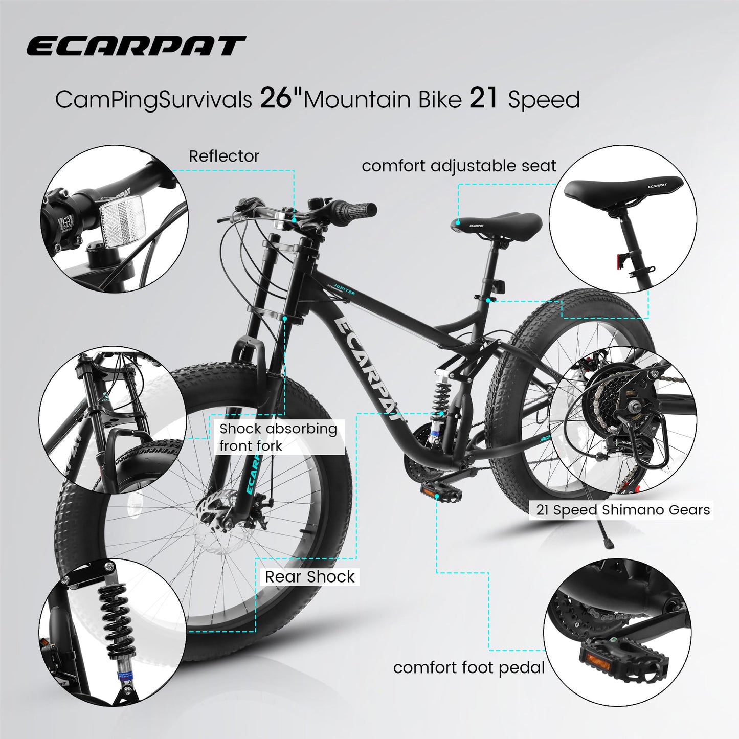 A26309 26 inch Mountain Bike,Full-Suspension 21 Speeds Drivetrain with Disc-Brake MTB Bicycle, 26*4' Fat tire Bike for Men