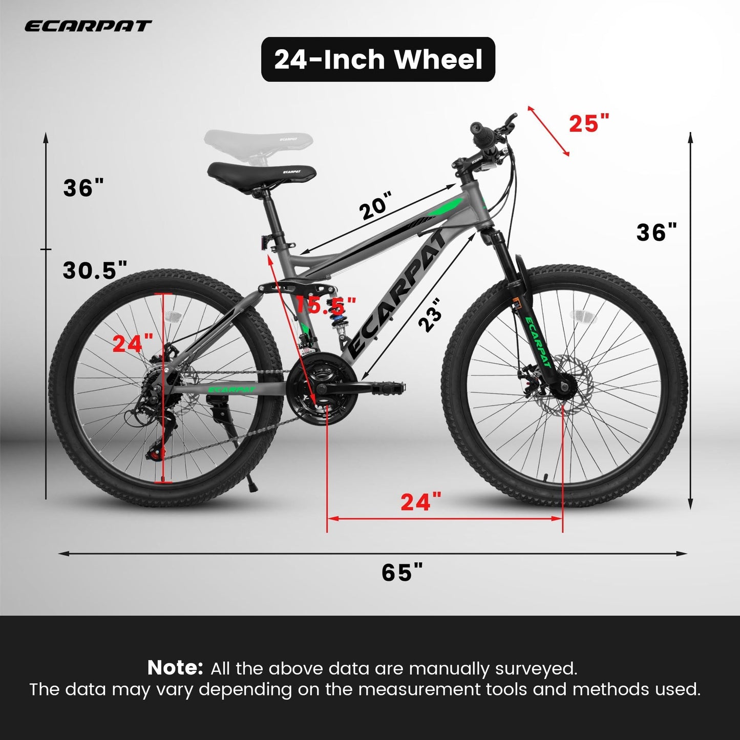 A2460 24 Inch Mountain Bike with Full Suspension, 21 Speed Grip Shifters, High Carbon Steel Frame, Mechanical Disc Brakes, Unisex for Men/Women/ Adults, Ideal for Trails.