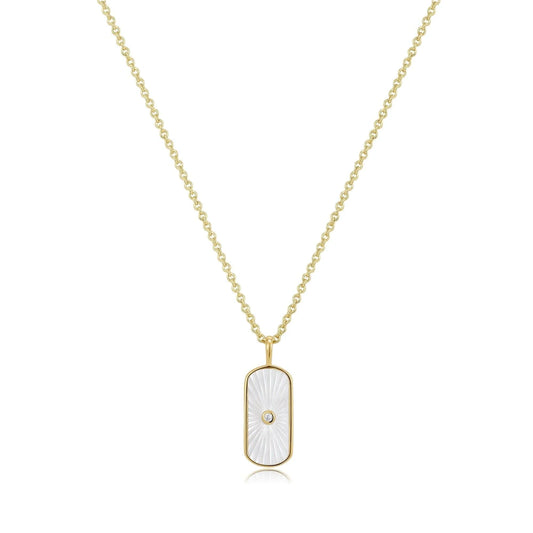 Tag Shaped Mop Pendant With CZ Stone Necklace