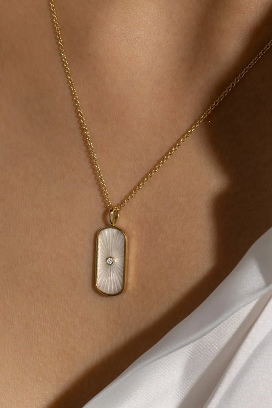 Tag Shaped Mop Pendant With CZ Stone Necklace