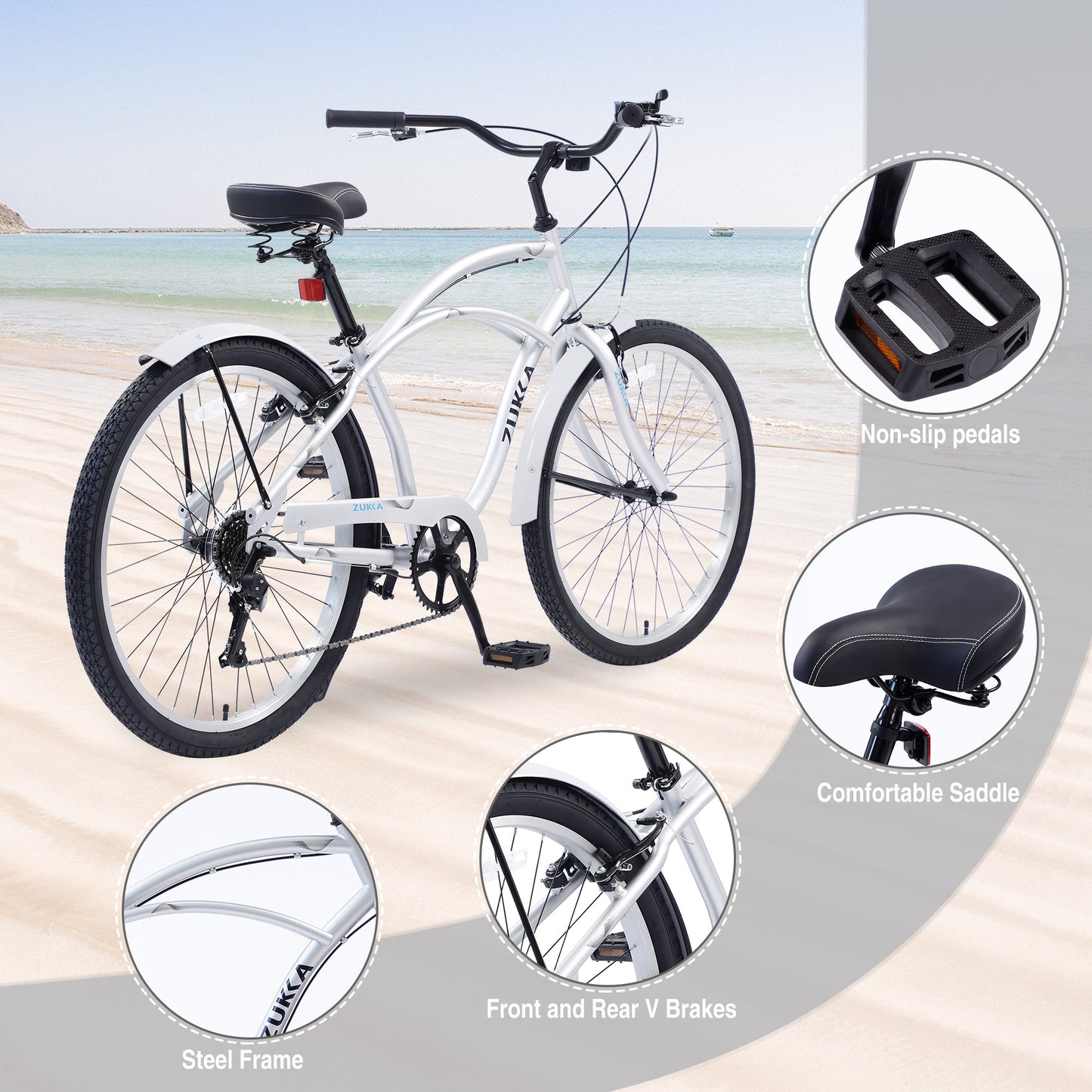 Men's Beach Cruiser Bike, 7 Speed Bicycles, 26'Inch Multiple Colors