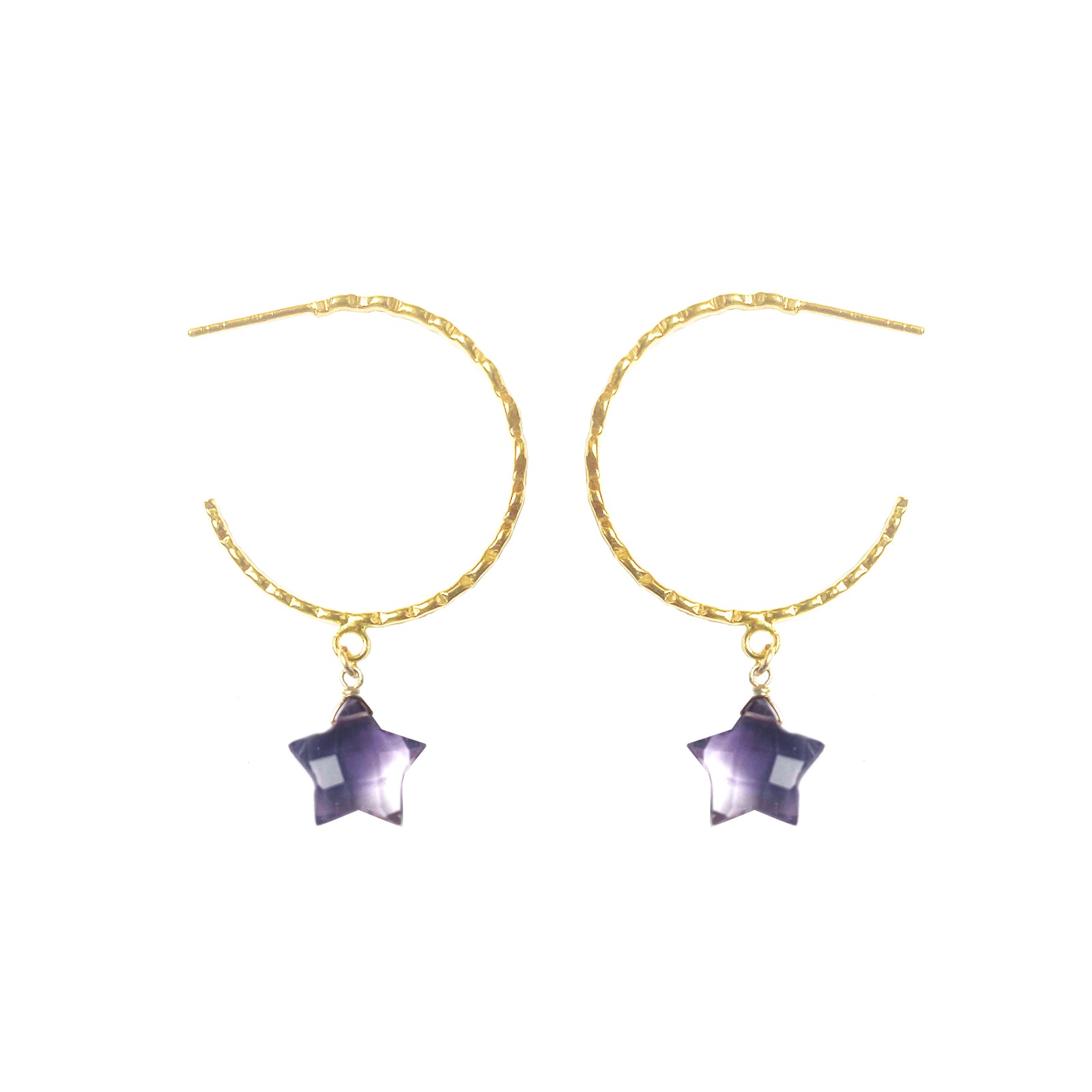 Amethyst Star Hammered Hoop Earrings
