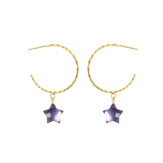 Amethyst Star Hammered Hoop Earrings